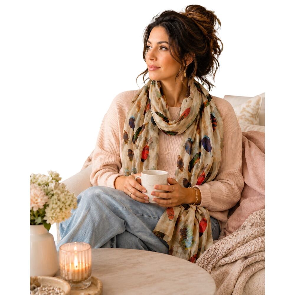 2 Chic Feather Print Scarf Beige Multicolor Lightweight Sheer Square Scarf
